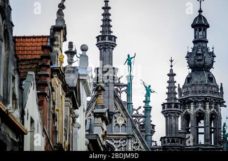 Architectural detail of the Gothic tops of iconic buildings lining the north-west corner of the Grand Place in Brussels, Belgium Stock Photo