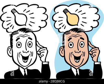 A cartoon of a man having an idea expressed by a lightbulb in a thought balloon above his head. Stock Vector