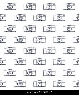 Seamless Pattern. Retro Camera Icon isolated on White Background. Vector hand drawn Illustration. Line Style. Stock Vector