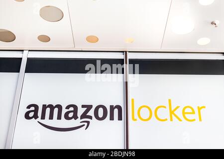 Amazon Locker in shopping mall, brand logo on pick up point for mail order goods. Lyon, France - February 23, 2020 Stock Photo