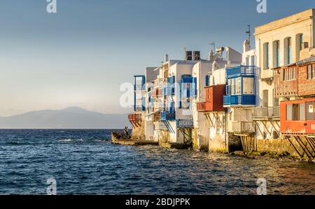 Mykonos, Greece - Oct 14, 2019.  colorful little Venice in Mykonos island,  in Greece Stock Photo
