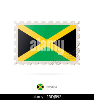 Postage stamp with the image of Jamaica flag. Jamaica Flag Postage on white background with shadow. Vector Illustration. Stock Vector