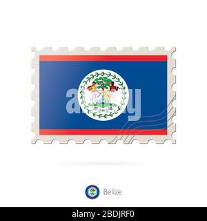 Postage stamp with the image of Belize flag. Belize Flag Postage on white background with shadow. Vector Illustration. Stock Vector