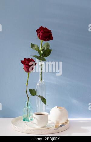 Two tall dark red roses in tall vases on a blue background. Copy space Stock Photo