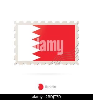 Postage stamp with the image of Bahrain flag. Bahrain Flag Postage on white background with shadow. Vector Illustration. Stock Vector