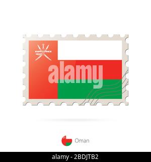 Postage stamp with the image of Oman flag. Oman Flag Postage on white background with shadow. Vector Illustration. Stock Vector