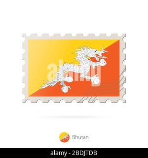 Postage stamp with the image of Bhutan flag. Bhutan Flag Postage on white background with shadow. Vector Illustration. Stock Vector