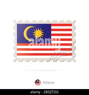 Postage stamp with the image of Malaysia flag. Malaysia Flag Postage on white background with shadow. Vector Illustration. Stock Vector