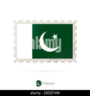 Postage stamp with the image of Pakistan flag. Pakistan Flag Postage on white background with shadow. Vector Illustration. Stock Vector