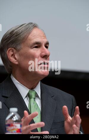 Texas Governor Greg Abbott briefs the Capitol press corps on Texas companies ramping up voluntary production of face masks and face shields to meet soaring demand in combating the coronavirus epidemic. Stock Photo