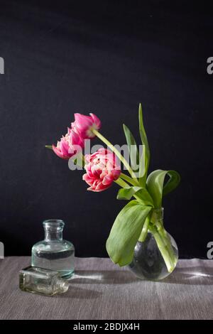 Three red terry tulips in a round vase with small pharmaceutical bottles on a black background