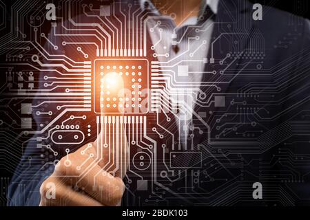 Advanced technologies. Businessman pushing shiny central processing unit on virtual motherboard, collage Stock Photo