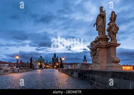 Daybreak on the famous Charles Bridge, Prague, Czech Republic Stock Photo