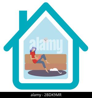 Women working at home on a laptop in the living room. Girl sitting on the couch and typing on the computer. Vector illustration quarantine concept. St Stock Vector
