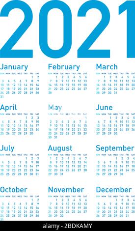 Simple Blue Calendar for year 2021, in vector format. Stock Vector
