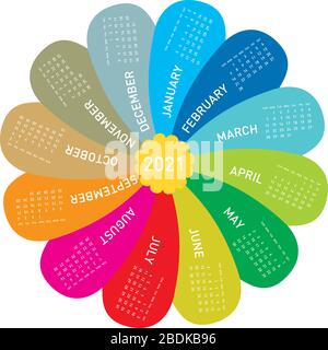 colorful calendar for 2021, in vectors. Flower design, each month in a petal. Stock Vector