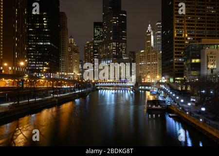 View of Chicago River with the Wrigley Building and Trump International Hotel and Tower in the background. Stock Photo