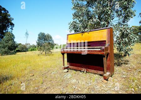 Old wooden piano left outside in a field Stock Photo