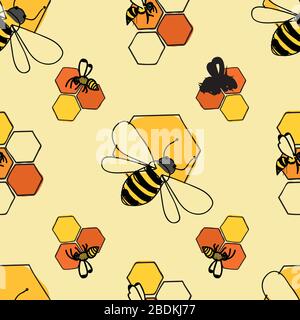 Bees on honeycomb seamless pattern Vector on yellow background. surface pattern design tile Stock Vector