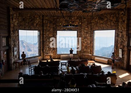 View from inside Grand Canyon Lodge, North Rim, GCNP, Arizona Stock Photo