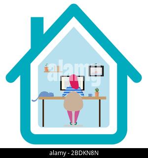 Women working at home on a computer at a desk in the living room. Girl sitting and typing on the computer. Vector illustration quarantine concept Stock Vector