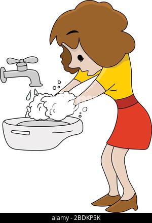 Cartoon woman washing her hands carefully vector illustration Stock Vector