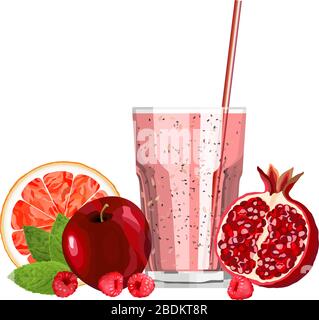 Red color blended smoothie in a glass with ingredients vector illustration Stock Vector