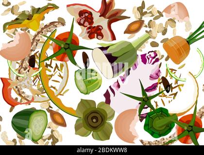 Composting pile of rotting kitchen fruits and vegetable scraps garbage waste Stock Vector