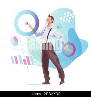 Data scientist looking and interacting with virtual dashboard to analyze data in chart and statictics Stock Vector