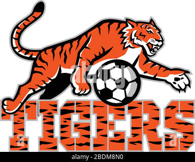 Mascot icon illustration of tiger dribbling a football or soccer ball with words tigers viewed from side on isolated background in retro style. Stock Vector