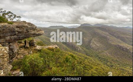 A view from Reeds lookout toward the Balconies rock formations in the Grampians National Park in Victoria, Australia. Stock Photo