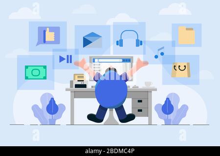 Man use personal computer for working at home or surfing the internet. Flat design character. Concept technology vector illustration. Stock Vector