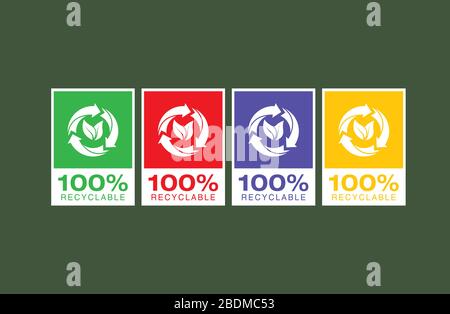 100% Recycle Natural Multi Color Logos Modern Packaging icon Badge for life saving Products label designing. Stock Vector