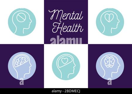 Mental health block style icon set vector design Stock Vector
