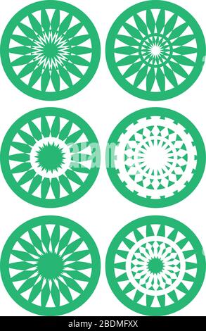 Set of six vector illustration of round circle design element in green and white inspired by natural patterns Stock Vector