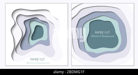 Abstract vector white and green backgrounds in paper cut style. Paper art in trendy mint color with gray layers, shape of waves. Realistic minmal square layout template for poster, banner, cover Stock Vector