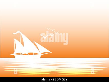 Vector illustration of a silhouette sailing boat with birds flying. Stock Vector