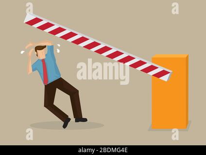 Cartoon man knocked off balance by automated bar barrier at boom gate. Vector illustration on concept for unexpected hazards and personal accidents is Stock Vector