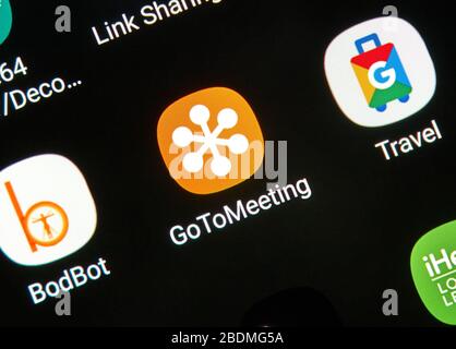 Montreal, Canada - April 8, 2020: GoToMeeting logo and app on cellphone screen. GoToMeeting is web service created and marketed by LogMeIn, It is an o Stock Photo