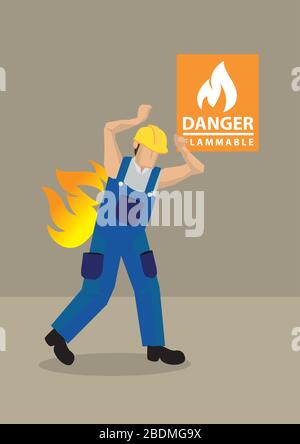 Cartoon vector illustration of worker in blue overall and yellow helmet caught in fire accident at workplace with Danger Flammable warning sign in bac Stock Vector