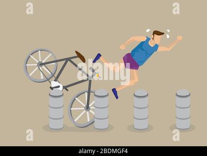 Cartoon cyclist without protective gear falling over as bicycle hits stone bollards. Vector illustration on cyclist road safety concept isolated on pl Stock Vector