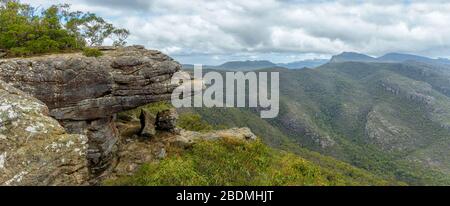 A view from Reeds lookout toward the Balconies rock formations in the Grampians National Park in Victoria, Australia. Stock Photo