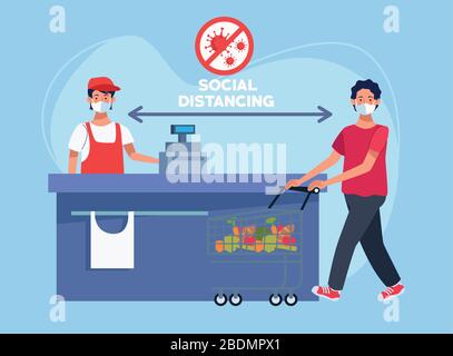 man using face mask in supermarket Stock Vector