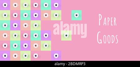 Pattern of toilet paper rolls on pastel multicolor tiles with Paper goods wording. Social distancing, shopping, options concept, bright colors, optimistic multipurpose drop. Banner format with text Stock Photo