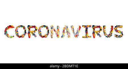 Inscription  Coronavirus of the English alphabet  from multi-colored children's plastic constructor on a white isolated background.Child and medical Stock Photo