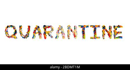 Inscription  Quarantine of the English alphabet  from multi-colored children's plastic constructor on a white isolated background.Child and medical  p Stock Photo