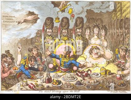 Hand-Writing-upon-the-Wall-Gillray. Stock Photo