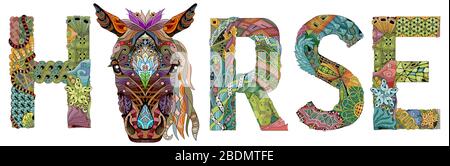 Word horse with head animal. Vector zentangle object for decoration Stock Vector