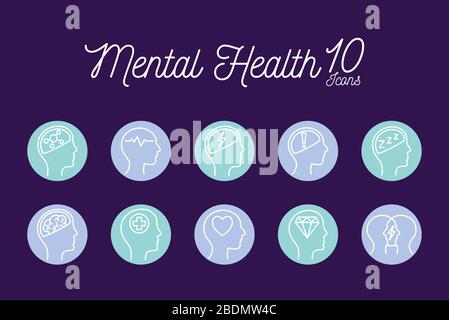 10 Mental health block style icon set vector design Stock Vector