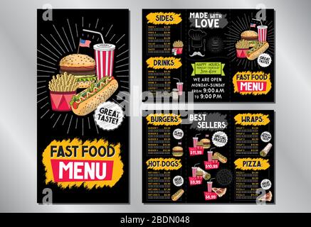 Fast food restaurant menu template (burgers, hot-dogs, tortilla wraps, pizza, fries, drinks, sets) - 3 x DL (99x210 mm) Stock Vector